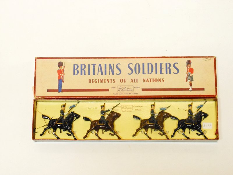 Britains Set # 217 Argentine Cavalry: Britains Set # 217 Argentine Cavalry with Original R.O.A.N Box Retied. Post War. 4 Pieces. Condition Very Good. Box Very Good.