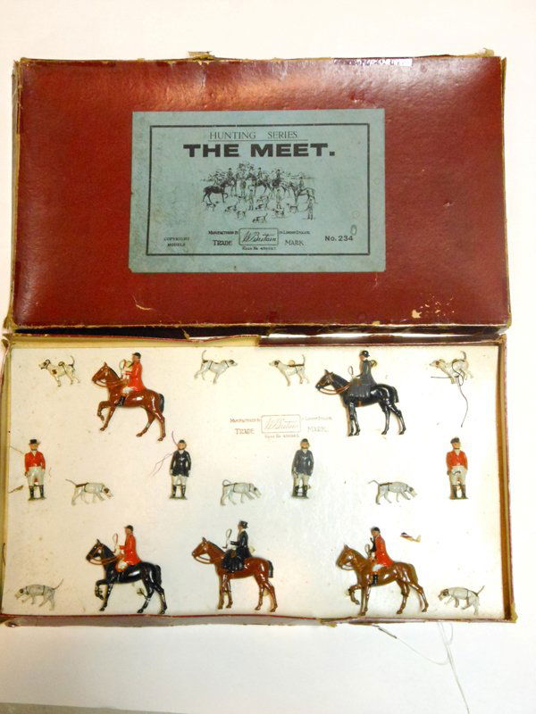 Britains Set # 234 Hunting Display The Meet: Britains Set # 234 Hunting Display The Meet Tied in Original Box. Pre War. 18 Pieces. Condition Very Good. Box Good (Splits on side of Box and 3 Corners of lid Split)