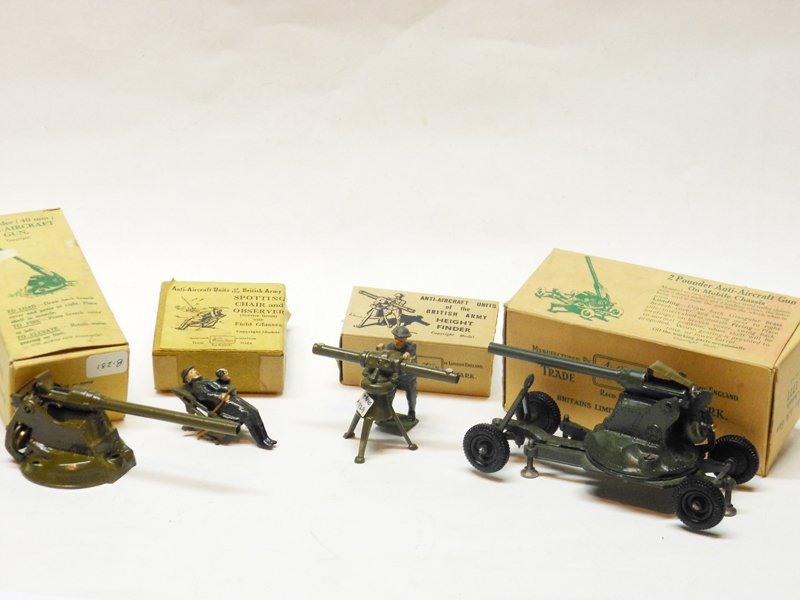 Britains Various Artillery Pieces Etc: Britains Various Artillery Pieces Etc with Original Boxes # 1731 Spotter and Chair, #1729 Height Finder, #1715 AA Gun, #1717 Mobile AA Gun. Post War. 4 Pieces. Condition Very Good Boxes Good (End flap