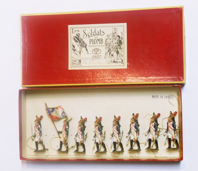 Mignot Napoleonic Dragons 17th Regiment: Mignot Napoleonic Dragons 17th Regiment with Original Box Untied. Post War. 8 Pieces. Condition Very Good. Box Very Good