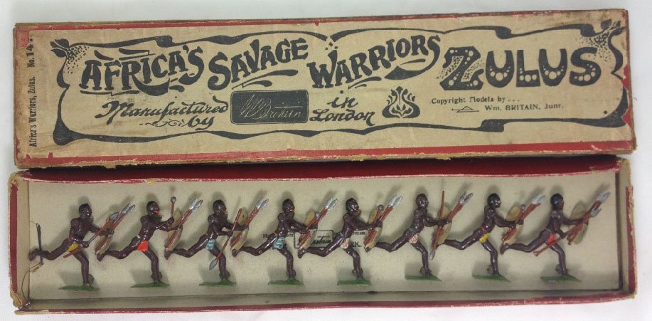 Britains Set #147 African Zulu Warriors: Tied in original box. Pre War with multi-colored loin cloths. Running with spears and clubs. 8 Pieces. Condition: Very Good.
