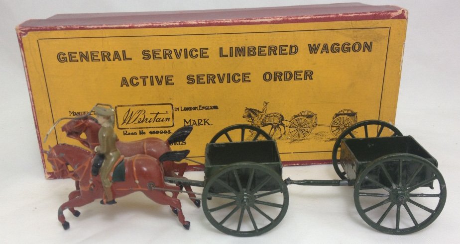 Britains Set #1331 Royal Engineers Wagon: Limbered Wagon. With peak cap in original box. Pre War. Light horse collars. Trooper in light olive, dark green limber. 4 Pieces. Condition: Very Good.