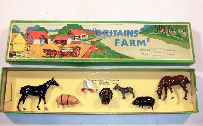 Britains: Set # 123F Farm Series: Horse, pig, goose, turkey, goat, pig, horse tied in original box. Post war. (M, Box G) (7).