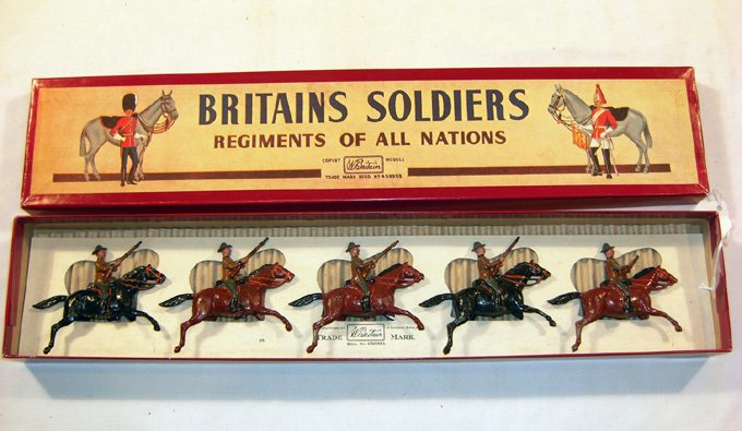 Britains: Set # 38 South African Mounted Police: Rare Set. Figure of Dr. Jameson with pistol is missing 5 troopers with rifles, in “Reproduction” Box (E, few chips) [5] Provenance: Christie’s East, Lot 5, Jan. 19, 1985. Wrong mix - 1 trooper r