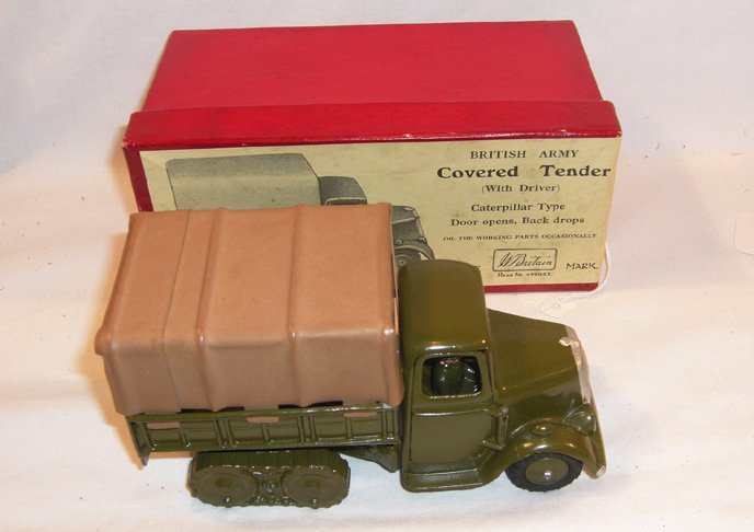 Britains: Set # 1433 British Army Covered Tender: With Driver. Door opens. Caterpillar type, back drops in original box (M, black wheels E, box VG) (2).