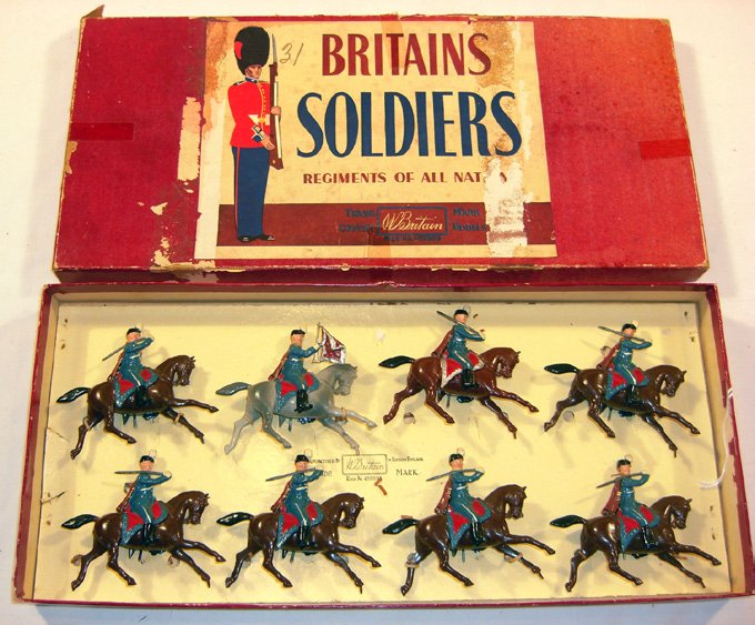 Britains: Set #2018 Danish Army Display: Post-War. 7 Danish Hussars mounted and 1 trumpeter tied in original box (NM, box P) (8).