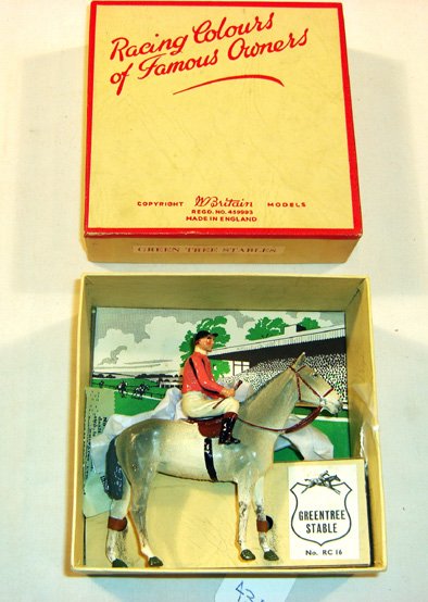 Britains: Racing Colours of Famous Owners: Greentree Stable RC # 16 pink with black stripe silk Horse and Jockey in original box (NM, few chips. Box VG) (2).