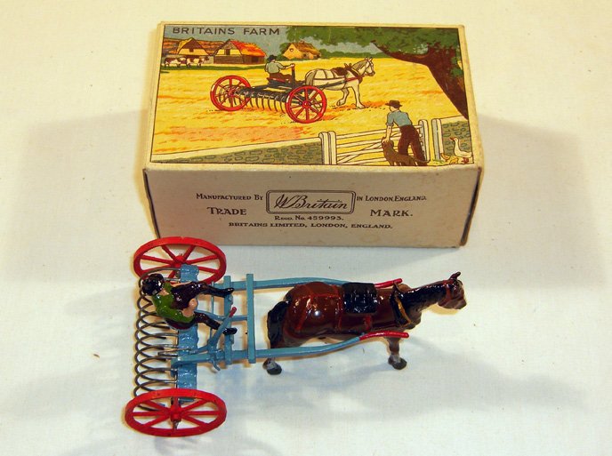 Britains: Set # 8F Horse Rake with driver (blue): In original box NM, scratches to legs, box VG) (2).