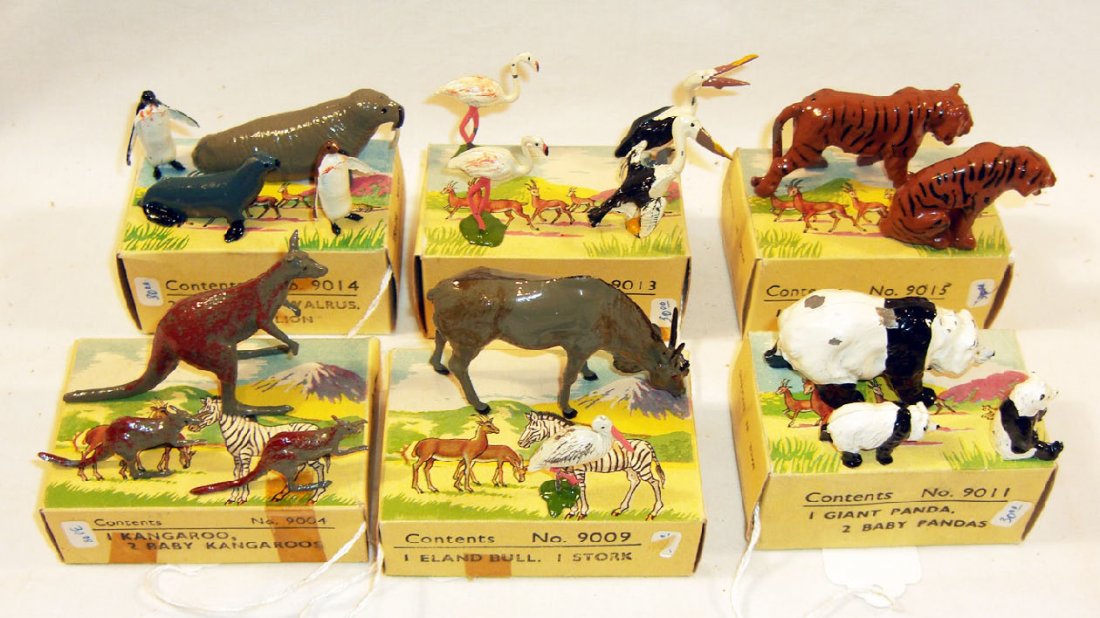 Britains Lot: Set #9009 Britains Zoo Collection: Comprising 1 Eland bull and 1 stork in original box (M, box E) (2) W/469, 472 & 481. Britains: Set # 9011 Britains Zoo Collection Comprising 1 giant Panda and 2 baby pandas in original box (E, chip. B