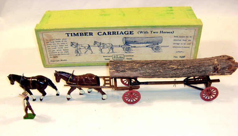 Britains: Rare Farm Series Set #12 F Timber: Carriage with two horses with separate log, in original box (E, few chips, box G) (4) Part of harness missing.