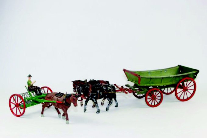 Britains Farm Plow and Wagon: Good Condition no box 6 pieces.