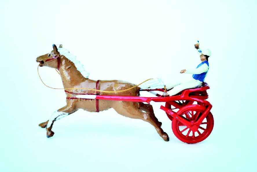 F.G.Taylor Trotting Horse and Cart with Jockey: Post War Unboxed. 3 Pieces, Condition Very Good (whip broken).