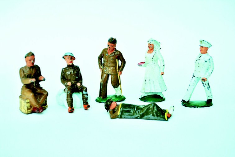 Barclay/Manoil Dimestore Assortment: Including Doctor, Nurse, Man on Sretcher, Man on Crutches, etc. 6 Pieces. Unboxed. Condition Very Good.