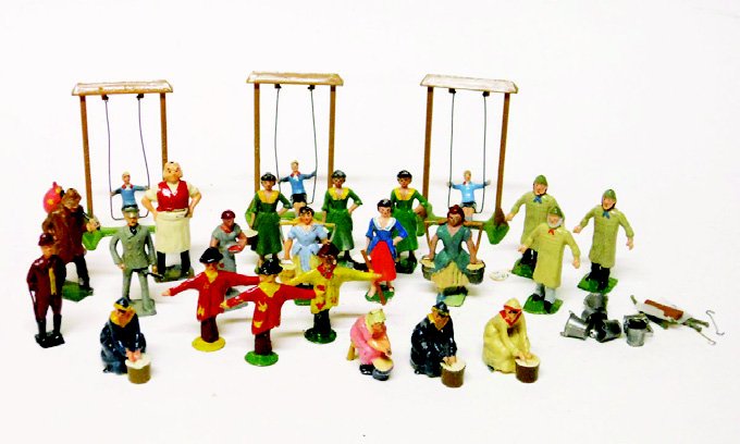 Britains, Johillco & Crescent Farm People: 3 Boys on Swings (2 seats missing), Milkmaids, Men with Yoke and Pail, (one pail missing), 3 Timpo Scarecrows, Crescent Farmer, a Lincoln Log Girl Sowing Seed, Johillco Tramp, an Inn Keeper, and a Che