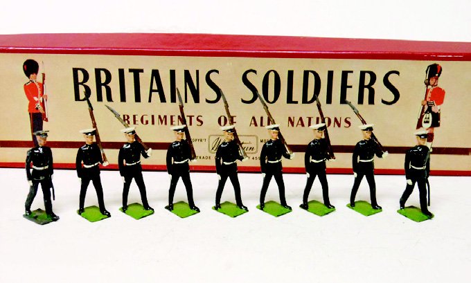 Britains Set #1835 Naval Cadets Argentine RARE: Very RARE Argentine Naval Cadets with Reproduciton Box. R.O.A.N. Post War. 8 Pieces. Condition Excellent, Box Good. (Replacement end label).
