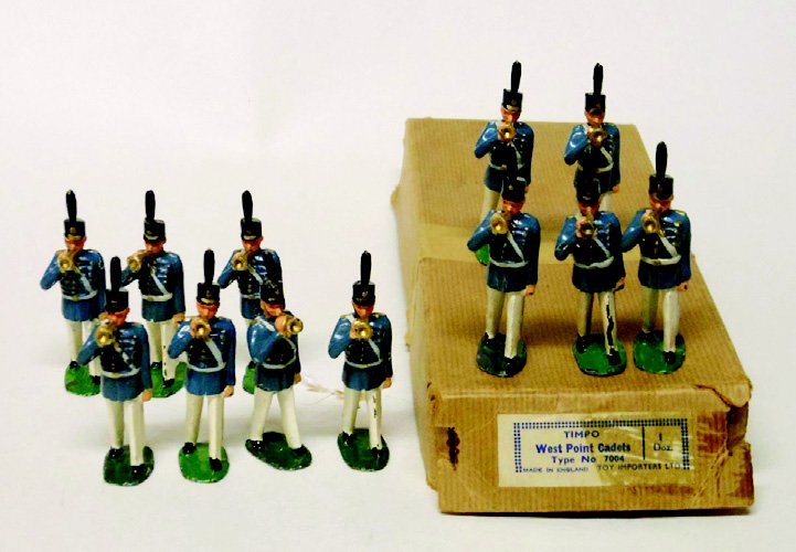 Timpo West Point Cadet Buglers: Post War. Trade Pack Original Box. Containing 12 West Point Cadet Buglers. 12 Pieces. Condition Excellent, Box Very Good.