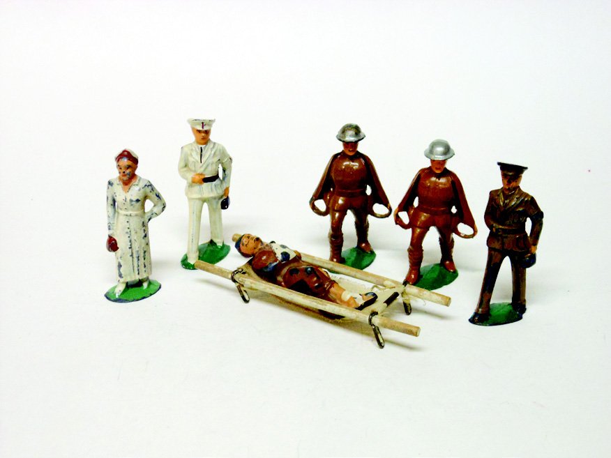 American Metal Dimestores Assortment: Doctor, Nurse, Stretcher Party, Medical Officer, 7 Pieces. Unboxed. Condition Good to Very Good.