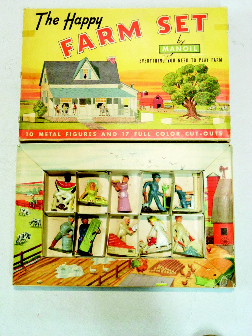 Manoil Happy Farm Set #1150: Post War. VERY RARE Happy Farm Set with Original Illustrated Partitioned Box and Cut Out Farm Buildings, etc. Man Eating Watermelon, Lady Picking Berries, Lady with Pie, Man Planting Tree, Man with T
