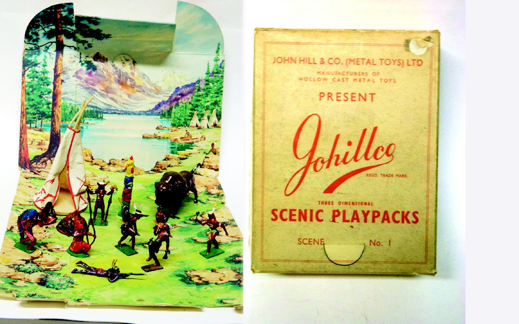 Johillco Play Pack, Indian Display: RARE Post War. Play Pack Box Opens up to Form a Display with Red Indians, Teepee, Totem Pole, Medicine Man, Buffalo, and Camp Fire. 14 Pieces. Condition Excellent, Box Excellent.