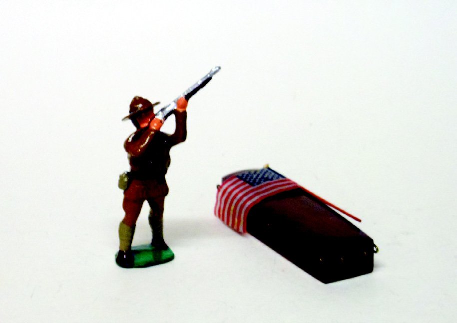 Lou Steinberg’s One Off Dimestore Conversion: Soldier Firing Salute Over Coffin with Draped Flag. 2 Pieces. Unboxed. Condition Excellent.