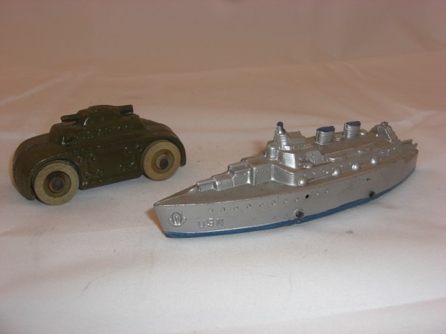 Ralstoy Vehicles: 5 1/2 Inch Submarine and 3 1/4 Inch Small Tank (Armored Car). 2 Pieces. Condition Excellent.