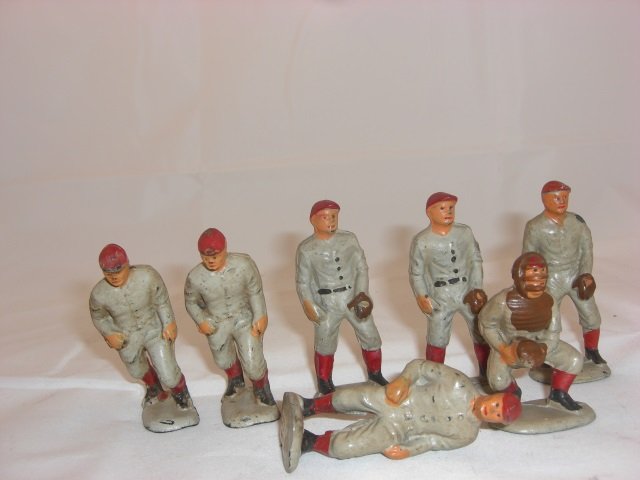 Auburn Rubber Baseball Players: Grey with Red Stockings. 7 Pieces. Condition Excellent; 1 will not stand.