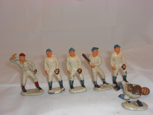 Auburn Rubber Baseball Players: Includes 5 White/Blue Stockings and 1 White/Red Stockings. 6 Pieces. Condition Excellent; 1 broken.
