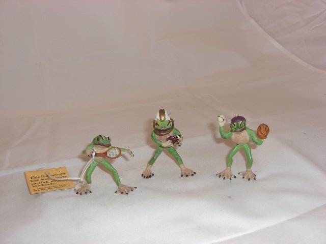 Metal Frogs: 2 1/2 Inches Tall. Genuine Lost Wax Bronze Casting and Entirely Hand Made. 3 Pieces. Condition Mint.