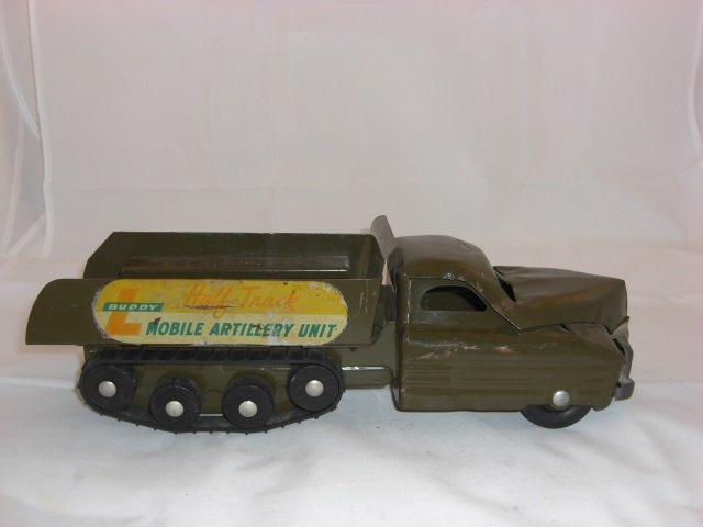Buddy L Halftrack Mobile Artillery Unit: 13 1/2 Inches long and 4 Inches High. 1 Piece. Condition Very Good; Rubber Treads on Wooden Track Wheels chipping.