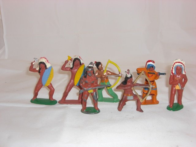 Barclay Indians: Includes B47 with Rifle Across Waist, B48 Chief, 2 B97 with Tomahawk and Shields, B98 with Bow and Arrow, B99 Chief with Long Headdress and B100 Brave with Bow and Arrow. 7 Pieces. Condition Near Mint