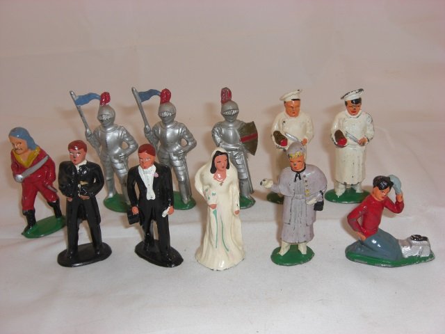 Barclay Figures: Includes B168 Minister Holding Hat, B173 Bride, B170 Shoeshine Boy, B174 Groom, 2 B110 Cooks Holding Roast, B165 Elderly Woman, B154 Pirate, 2 B155 Knights with Pennants and B156 Knight with Shield. 1