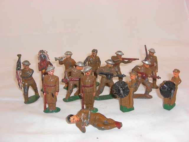 Barclay Soldiers: Includes 2 B44 Airplane Mechanics, 2 B104 Order Arms, B208 Standing and Firing, B207 Tommy Gunner, B201 Flag Bearer with Pot Helmet, B21 Charging, B73 Charging Machine Gunner, B48 Indian Chief, B112 S