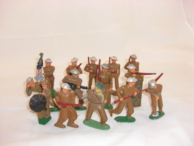 Barclay Soldiers: Includes B7 Flag Bearer, B127 with Pack, B129 Firing Behind Wall, 3 B140 Slung Rifles, B17 Port Arms, B144 Airplane Mechanic, B132 Crawling with Binoculars, B73 Charging Machine Gunner, B137 Skier, B9