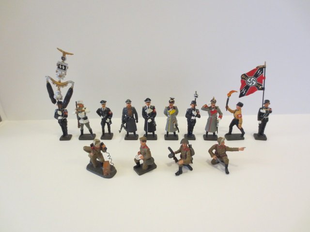 Elastolin and Lineol Solid Lead German Figures: Made from Composition Molds. Manufacturers unknown. Pre-War. German Officers and Infantry. 14 pieces, unboxed, condition very good