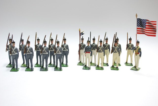 Britians from Sets #226 & 299 West Point Cadets: Summer Dress and Winter Dress. Pre-War and Post War. 18 pieces including a Converted Flag Bearer and a Converted Pennant Bearer, unboxed, condition very good