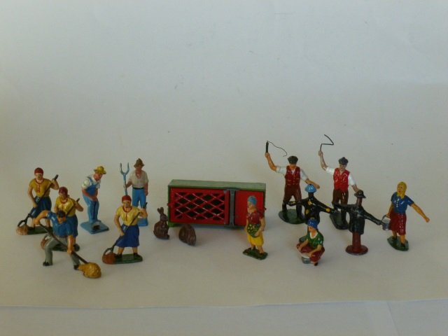 Timpo and Crescent Farm People: Including a RARE Crescent Rabbit Hutch and 2 Rabbits; and Male and Female Farm Workers, and Scarecrows. Post War. 16 pieces, unboxed, condition very good