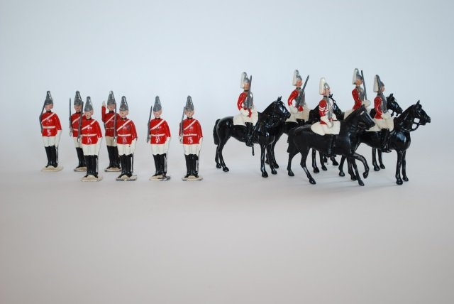 Britains from Set #2029 Life Guards Sentries: Post War. 12 pieces, Mounted and Foot. (one mounted figure embellished), unboxed, condition very good