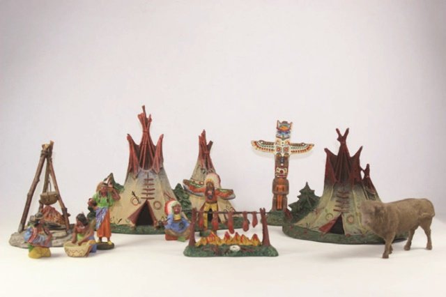 Elastolin Indian Encampment: Teepees (2) Campfires, Totem, Indians and a Cow Very Good/Excellent Condition No Box 11 Pieces.