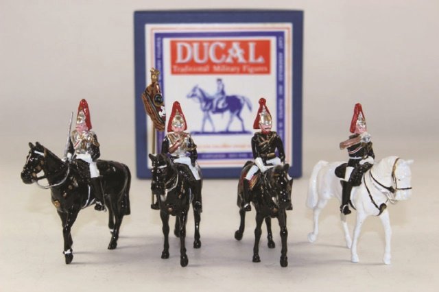 Ducal Blues And Royals Cavalry: Standard Bearer and Corporal, Bugler Sets #M22, M21, DOM, MTS004 Excellent Condition With Box 4 Pieces.