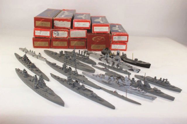 Authenticast 1:1200 Waterline Ship Models: Assorted Japanese Battleships With Assorted Incorrect Boxes Excellent Some Boxed. 15 Pieces.