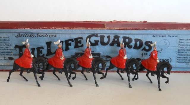 Britains Set #400 Life Guards in Cloaks: Pre-War. 5 pieces. With original Whisstock box. Untied. Tie card does not match box. Condition excellent. Box good.