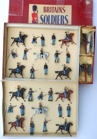 Britains Set #2070 Union & Confederate Display: Post War. 30 pieces, with R.O.A.N. box, untied. Condition excellent. Box good. (One corner of lid split. Scotch tape on sides of box.)