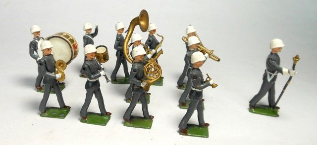 Brtiains Set #2117 U.S. Army Band, White Helmets: Post War. 12 pieces. Unboxed. Condition very good (base drum has loose decals).