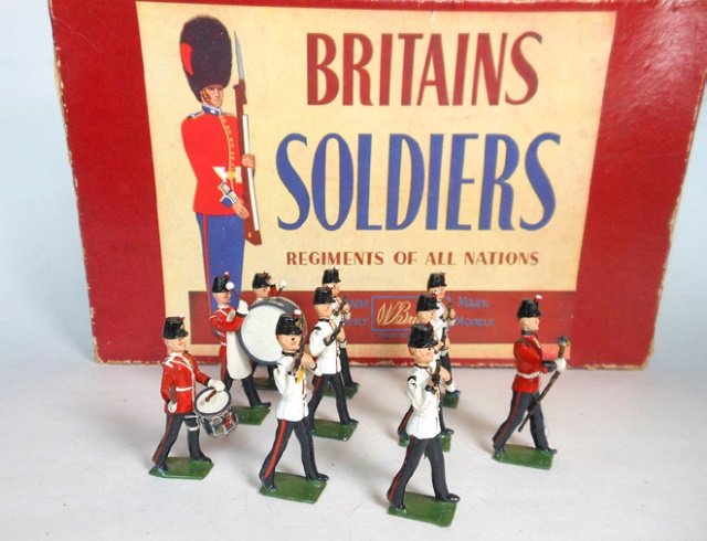 Britains Set #2178 Fort Henry Guards Band: Post War. 10 pieces, with original R.O.A.N. box, untied. Condition excellent. Box good. (Two splits in end of box; one split in corner of lid.)