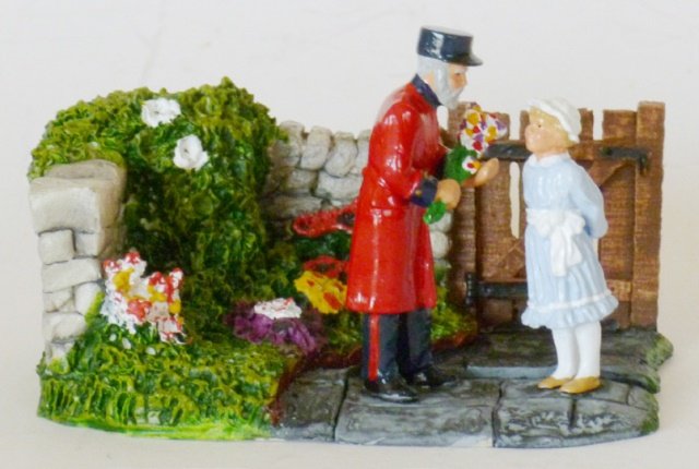 Trophy Miniatures Chelsea Pensioner: Presenting little girl with a bunch of flowers on diorama style base. RARE Two pieces. Unboxed. Condition Excellent.