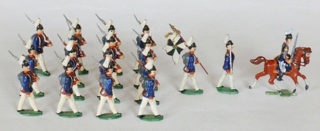 German Hollowcasts, possibly Heyde: Prussian Infantry with mounted and foot officers and flag bearer. 48 mm 18 pieces. Unboxed. Condition Excellent.