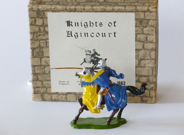 Britains Set #1663 Knight of Agincourt: Rearing horse with lance. Post War. One piece. In original box. Condition excellent. Box very good. 2 corners of lid split.