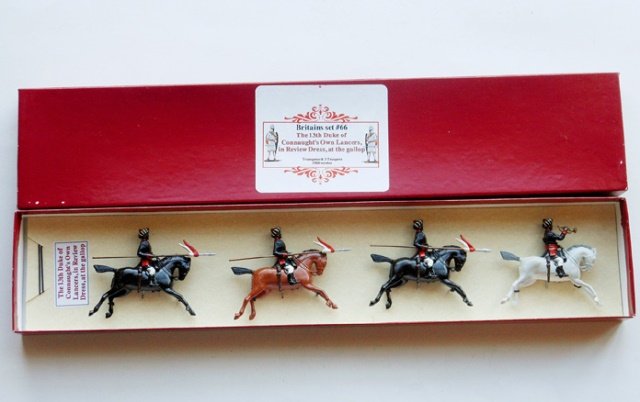 Britains Set #66 Duke of Connaughts: Indian Cavalry. Post War. 4 pieces. Tied in a plain red box. Condition very good.