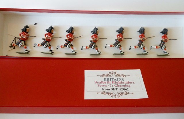 Britains from Set #2062 Seaforth Highlanders: Post War. 7 pieces. In plain red box. Condition excellent.
