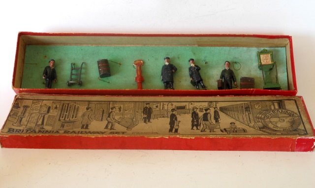 Johillco Railway Set: Pre-War. 9 pieces. Tied in original illustrated box. Condition very good. Box very good.
